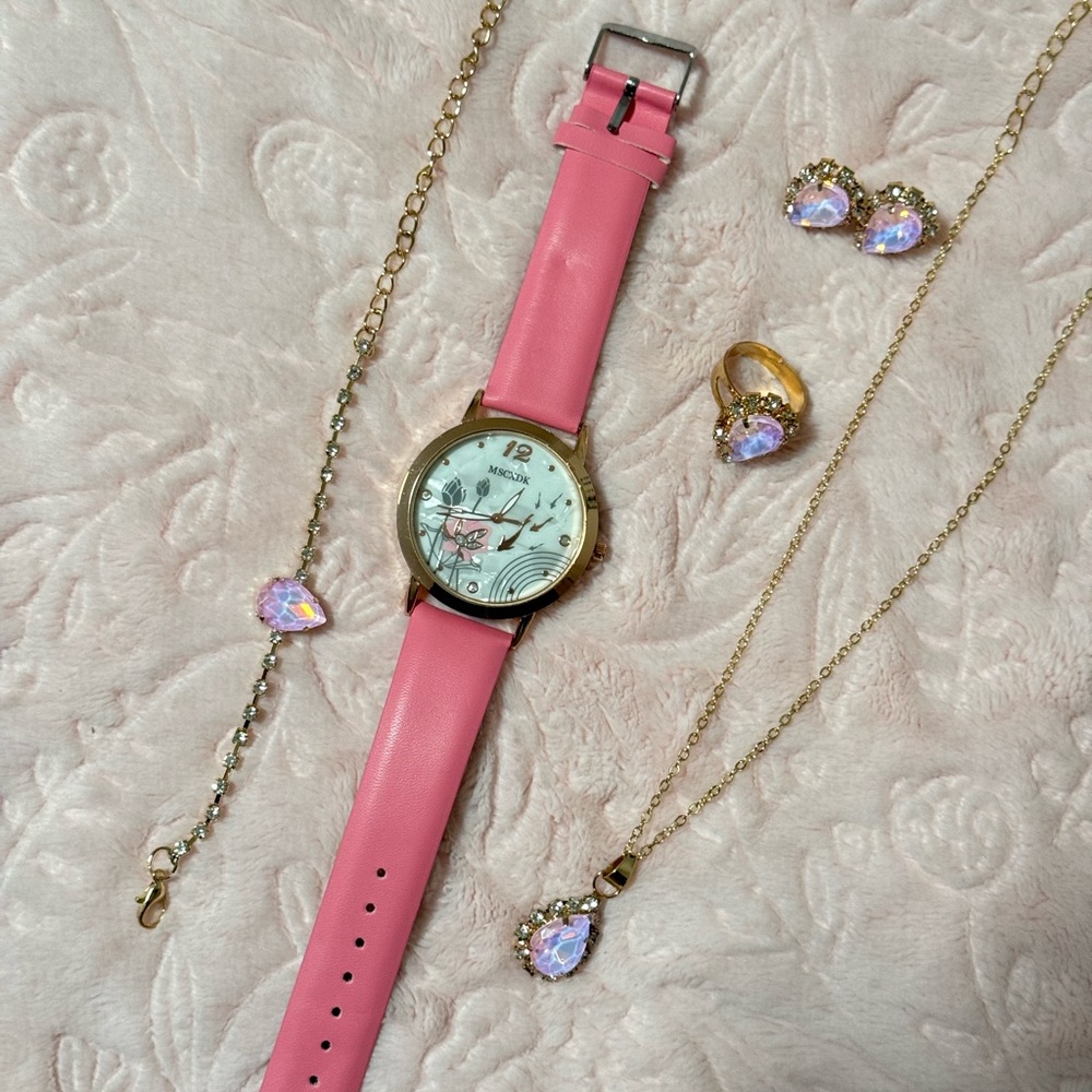 Pink and Gold Watch with Accessories